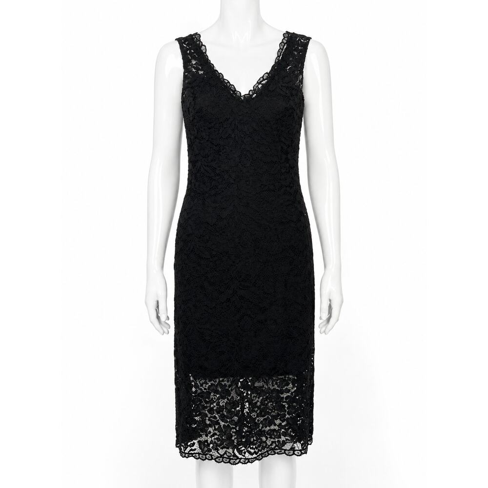 Marina Black Lace Sheath Cocktail Wedding Guest Midi Dress Size 2